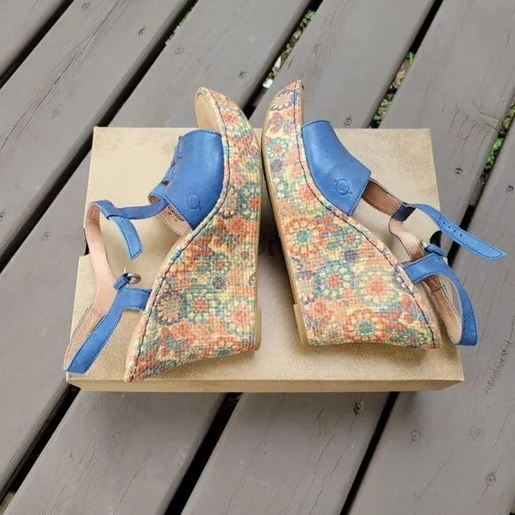 Born Rebecka Blue Leather Rainbow Floral Print Raffia T-Strap Platform Wedges 11