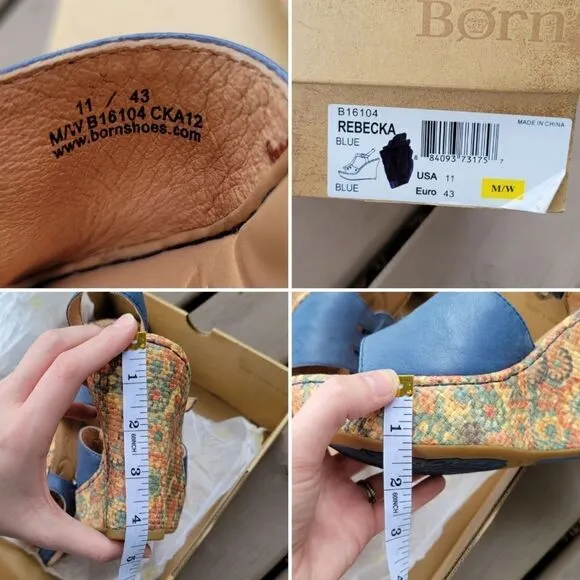 Born Rebecka Blue Leather Rainbow Floral Print Raffia T-Strap Platform Wedges 11