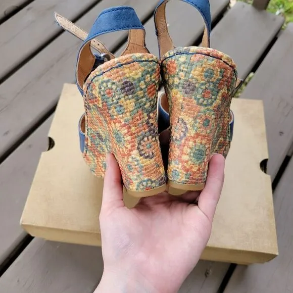 Born Rebecka Blue Leather Rainbow Floral Print Raffia T-Strap Platform Wedges 11