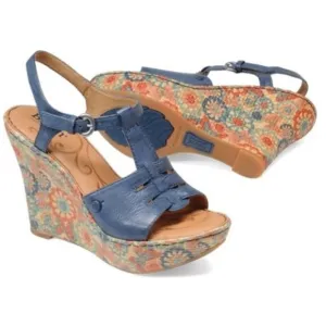 Born Rebecka Blue Leather Rainbow Floral Print Raffia T-Strap Platform Wedges 11