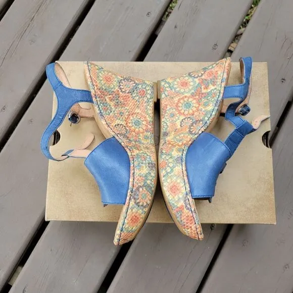 Born Rebecka Blue Leather Rainbow Floral Print Raffia T-Strap Platform Wedges 11