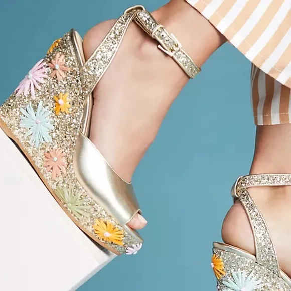 Botkier Anthropologie Pastel Floral Raffia Glitter Wedges