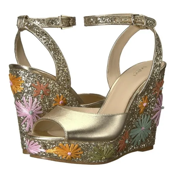 Botkier Anthropologie Pastel Floral Raffia Glitter Wedges