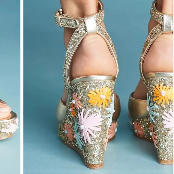Botkier Anthropologie Pastel Floral Raffia Glitter Wedges