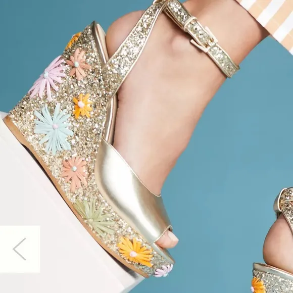 Botkier Anthropologie Pastel Floral Raffia Glitter Wedges