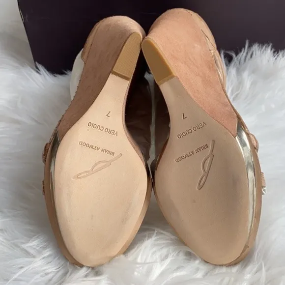Brian Atwood Pinkston Open Toe Platform Wedges Suede Sandals Tan Brown 7 37