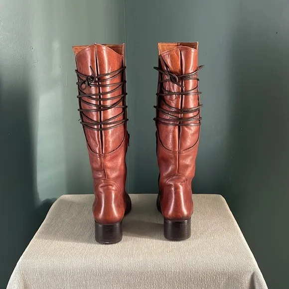 Brown distressed Leather Knee-High Boots lace up back Steve Madden