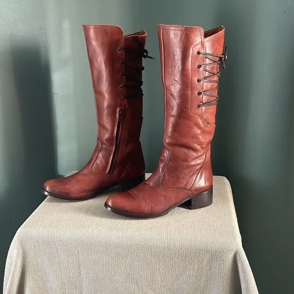 Brown distressed Leather Knee-High Boots lace up back Steve Madden