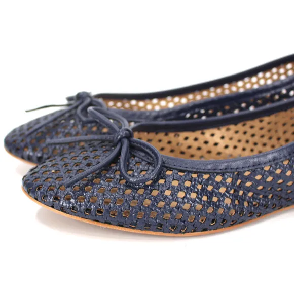 Bruno Magli Janina Woven Flats NEW Navy Leather Slip On Bow Accents Ballet 38
