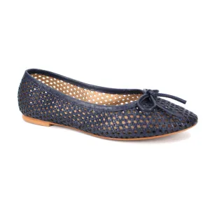 Bruno Magli Janina Woven Flats NEW Navy Leather Slip On Bow Accents Ballet 38