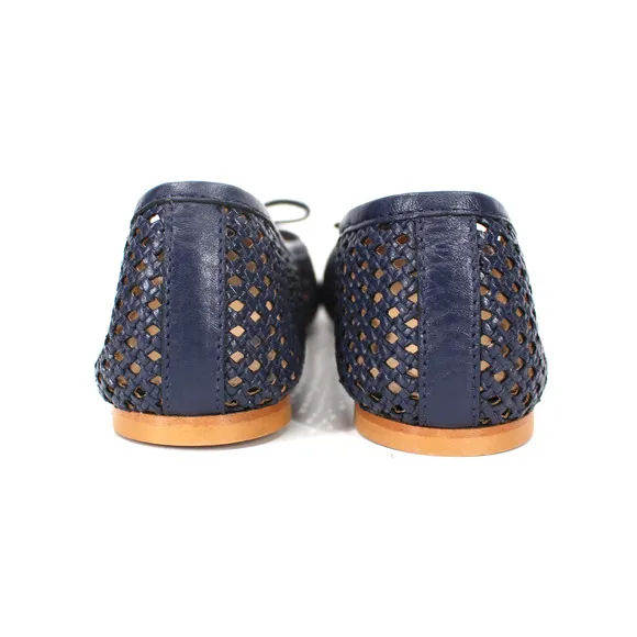 Bruno Magli Janina Woven Flats NEW Navy Leather Slip On Bow Accents Ballet 38