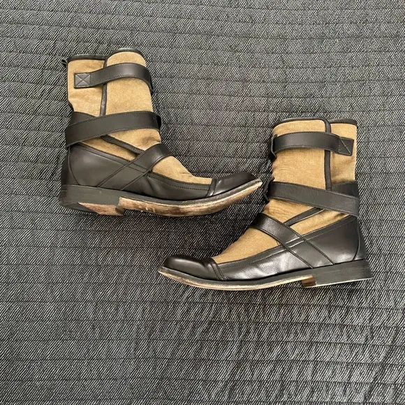 Burberry Butterfield Black and Tan Combat Boots with Gold Buckle Straps