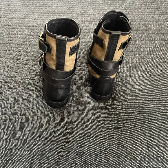 Burberry Butterfield Black and Tan Combat Boots with Gold Buckle Straps