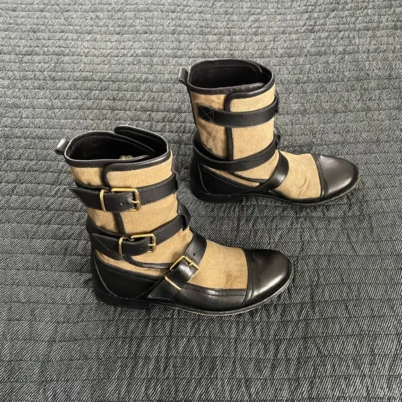 Burberry Butterfield Black and Tan Combat Boots with Gold Buckle Straps