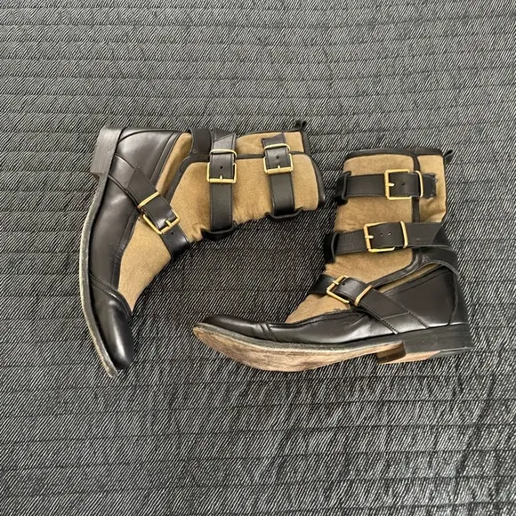 Burberry Butterfield Black and Tan Combat Boots with Gold Buckle Straps