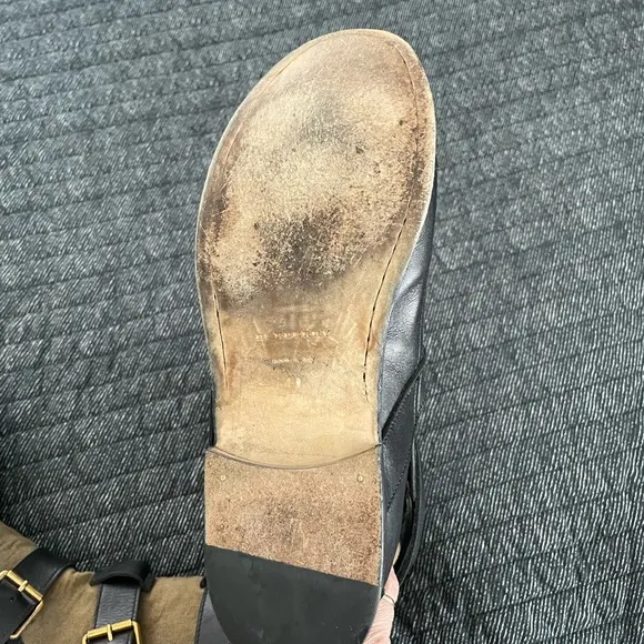 Burberry Butterfield Black and Tan Combat Boots with Gold Buckle Straps
