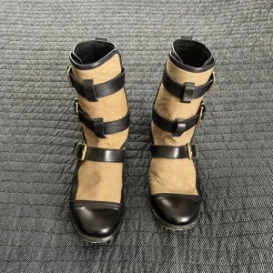 Burberry Butterfield Black and Tan Combat Boots with Gold Buckle Straps