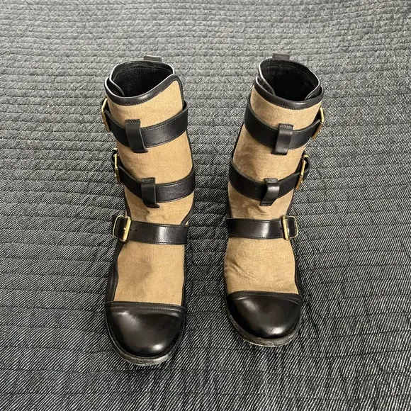 Burberry Butterfield Black and Tan Combat Boots with Gold Buckle Straps