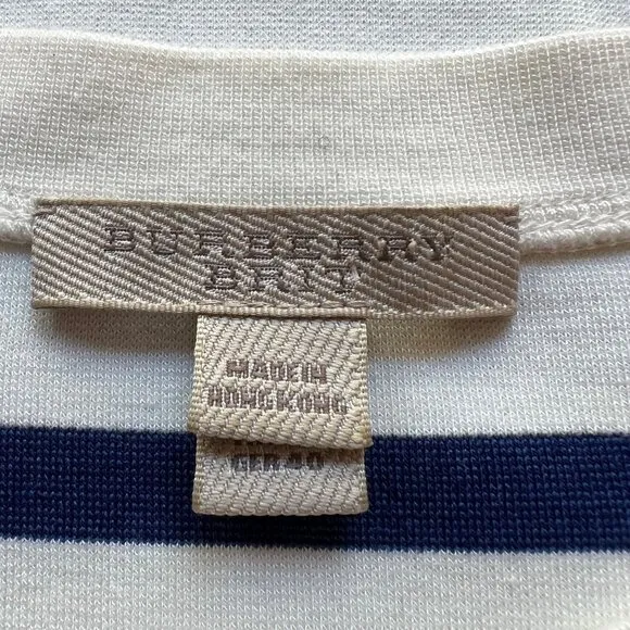 Burberry Size 10 Cream &amp; Navy Blue Striped Short Sleeve Step Hem T-Shirt Dress
