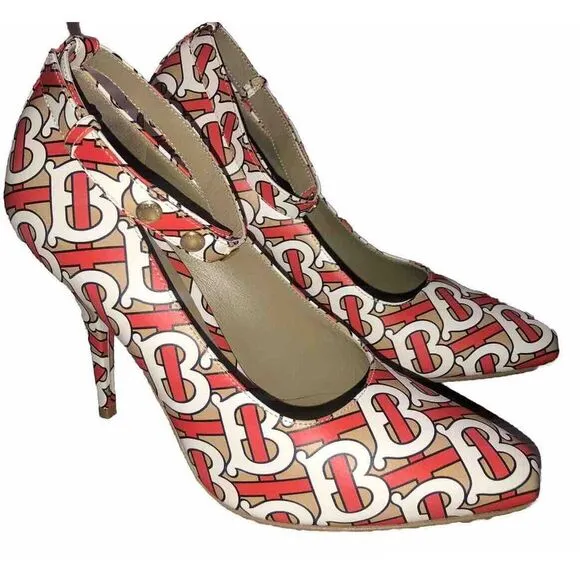BURBERRY Wiltkin‎ TB Monogram Print Ankle Strap Leather Pump Shoes New $790  7.5