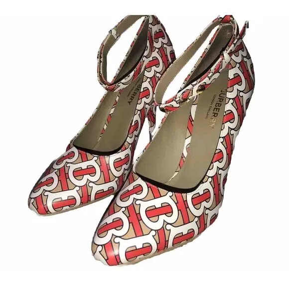 BURBERRY Wiltkin‎ TB Monogram Print Ankle Strap Leather Pump Shoes New $790  7.5