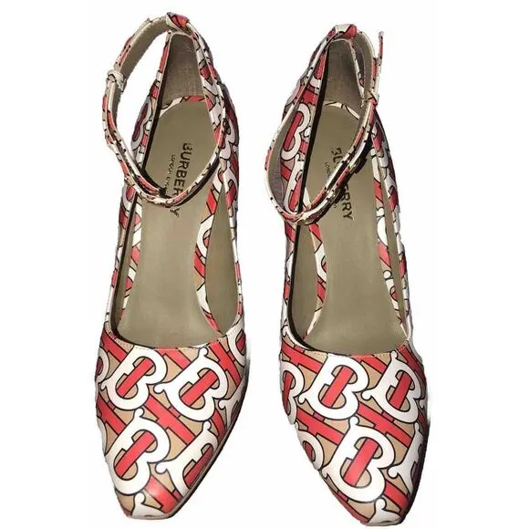 BURBERRY Wiltkin‎ TB Monogram Print Ankle Strap Leather Pump Shoes New $790  7.5