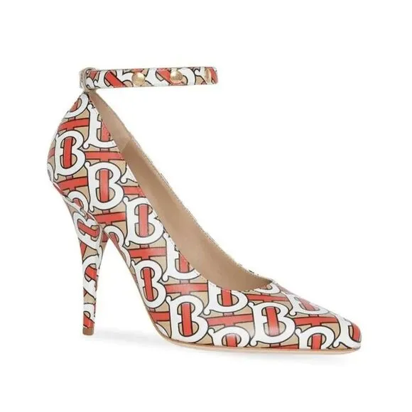 BURBERRY Wiltkin‎ TB Monogram Print Ankle Strap Leather Pump Shoes New $790  7.5