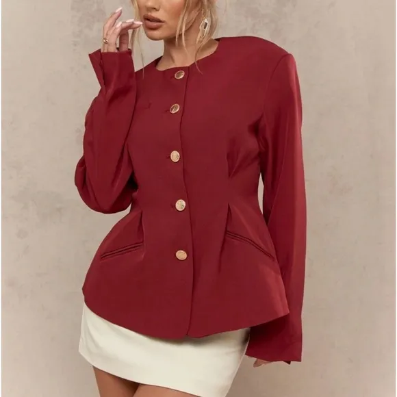 Burgundy maroon dark red gold button hourglasss peplum blazer, thick fully lined