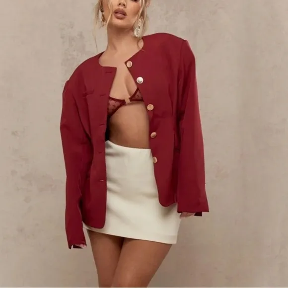 Burgundy maroon dark red gold button hourglasss peplum blazer, thick fully lined