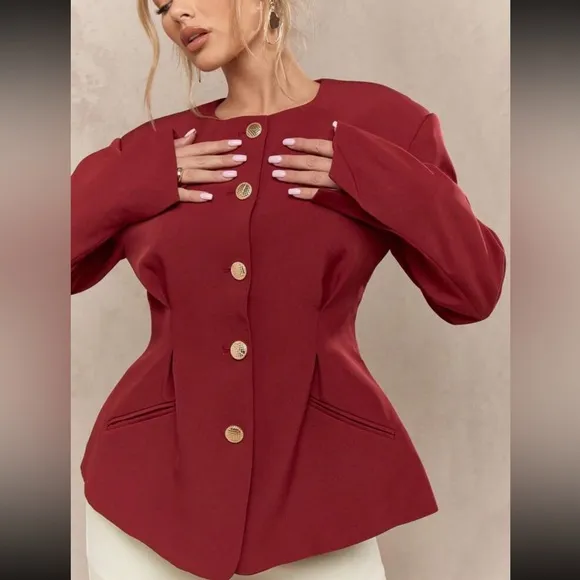 Burgundy maroon dark red gold button hourglasss peplum blazer, thick fully lined