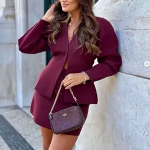 Burgundy / maroon hook closure knit sweater material cardigan