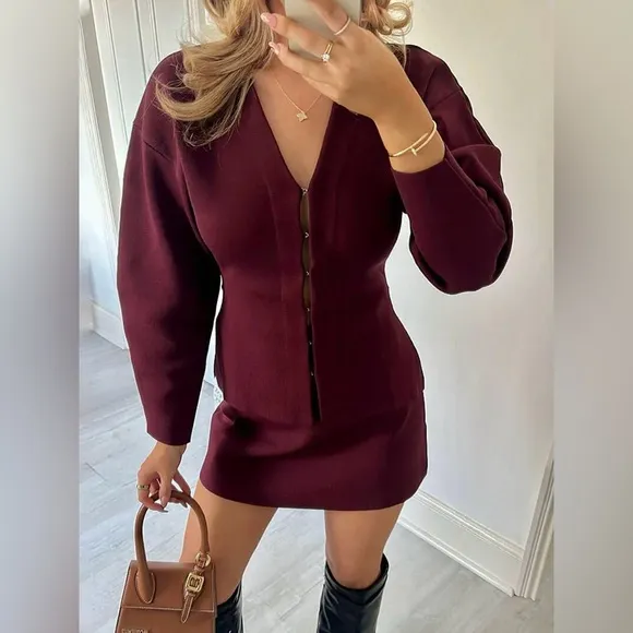 Burgundy / maroon hook closure knit sweater material cardigan