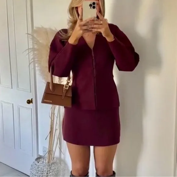 Burgundy / maroon hook closure knit sweater material cardigan