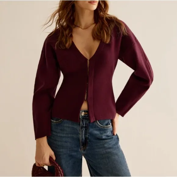 Burgundy / maroon hook closure knit sweater material cardigan