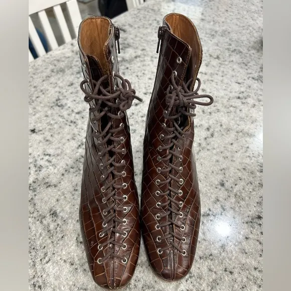 BY FAR Becca lace up brown animal print leather boots