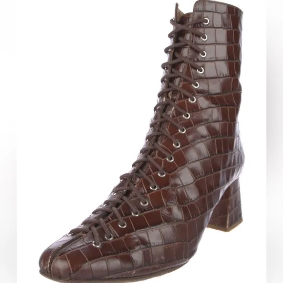 BY FAR Becca lace up brown animal print leather boots