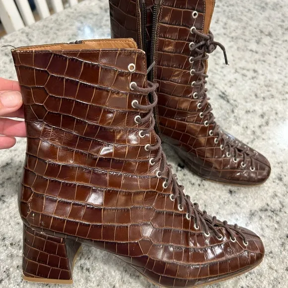 BY FAR Becca lace up brown animal print leather boots