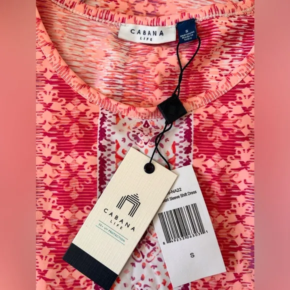 Cabana Life Pink and Red Patterned Short Sleeve Beach Pool Coverup Dress UPF50 