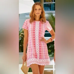 Cabana Life Pink and Red Patterned Short Sleeve Beach Pool Coverup Dress UPF50 