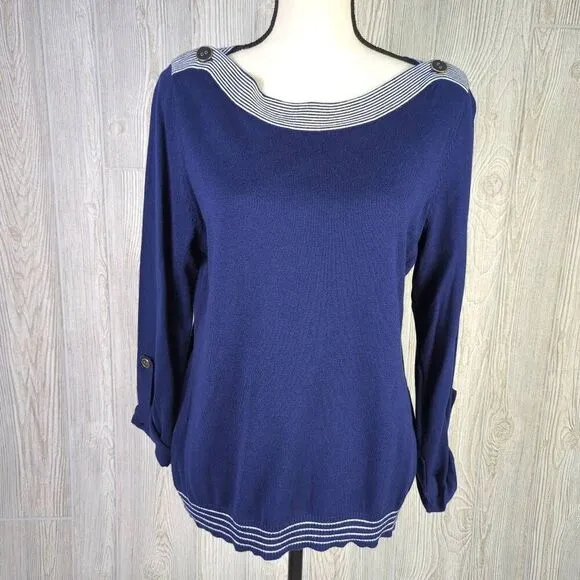 Cable &amp; Gauge Womens XL Sweater Blue White Trim Boat Neck Long Sleeve NWT