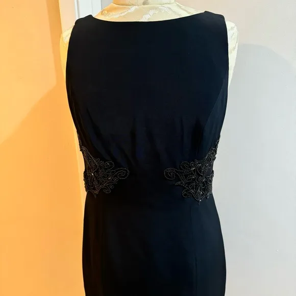 Cache Vintage Sheer Sides Black Seed Beaded  Lined Midi Sheath LBD Dress 8