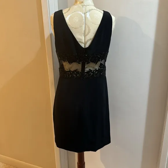 Cache Vintage Sheer Sides Black Seed Beaded  Lined Midi Sheath LBD Dress 8