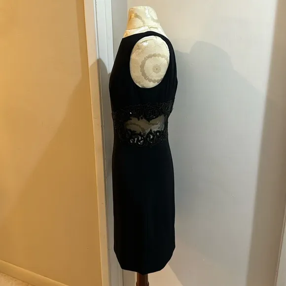 Cache Vintage Sheer Sides Black Seed Beaded  Lined Midi Sheath LBD Dress 8