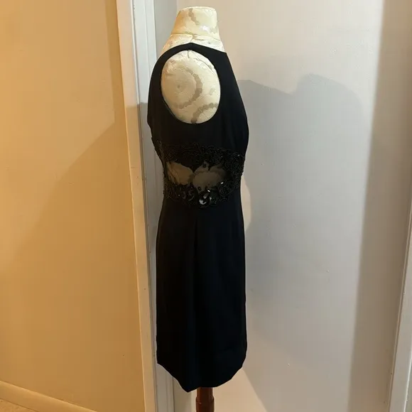 Cache Vintage Sheer Sides Black Seed Beaded  Lined Midi Sheath LBD Dress 8