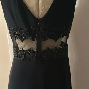 Cache Vintage Sheer Sides Black Seed Beaded  Lined Midi Sheath LBD Dress 8