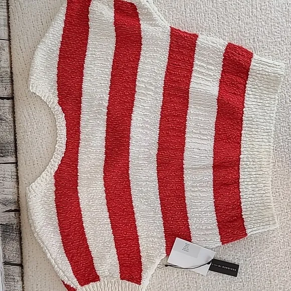 Callahan Striped V Back Nubby Knit Short Sleeve Sweater in Red/White - NWT