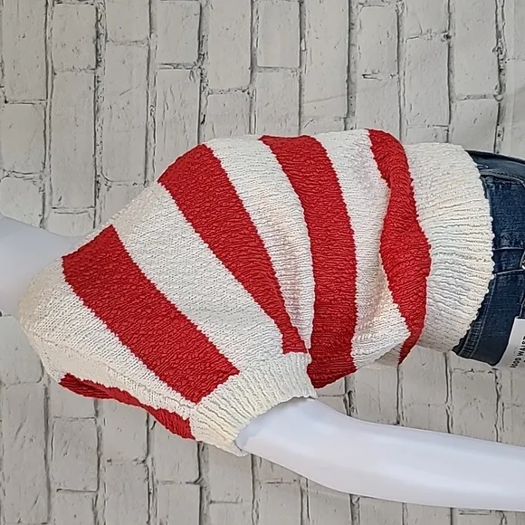 Callahan Striped V Back Nubby Knit Short Sleeve Sweater in Red/White - NWT
