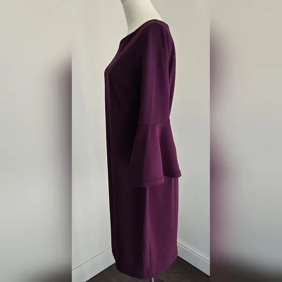 Calvin Klein Purple Sheath Dress Three-Quarter Ruffle Sleeve Boat Neck Sz. 10