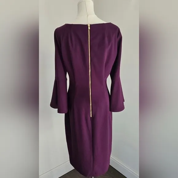 Calvin Klein Purple Sheath Dress Three-Quarter Ruffle Sleeve Boat Neck Sz. 10