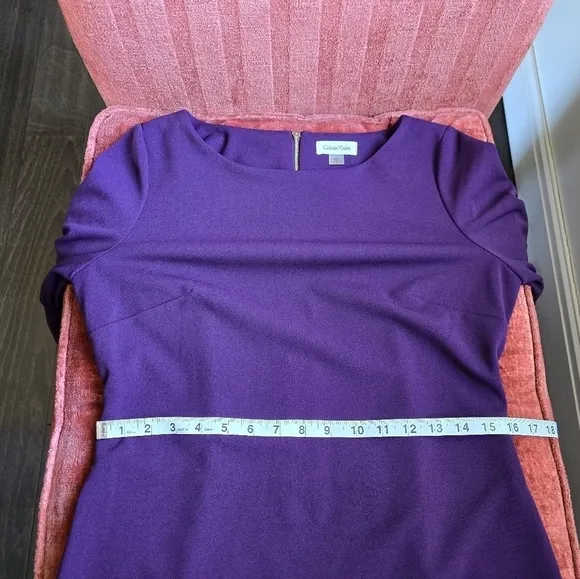 Calvin Klein Purple Sheath Dress Three-Quarter Ruffle Sleeve Boat Neck Sz. 10